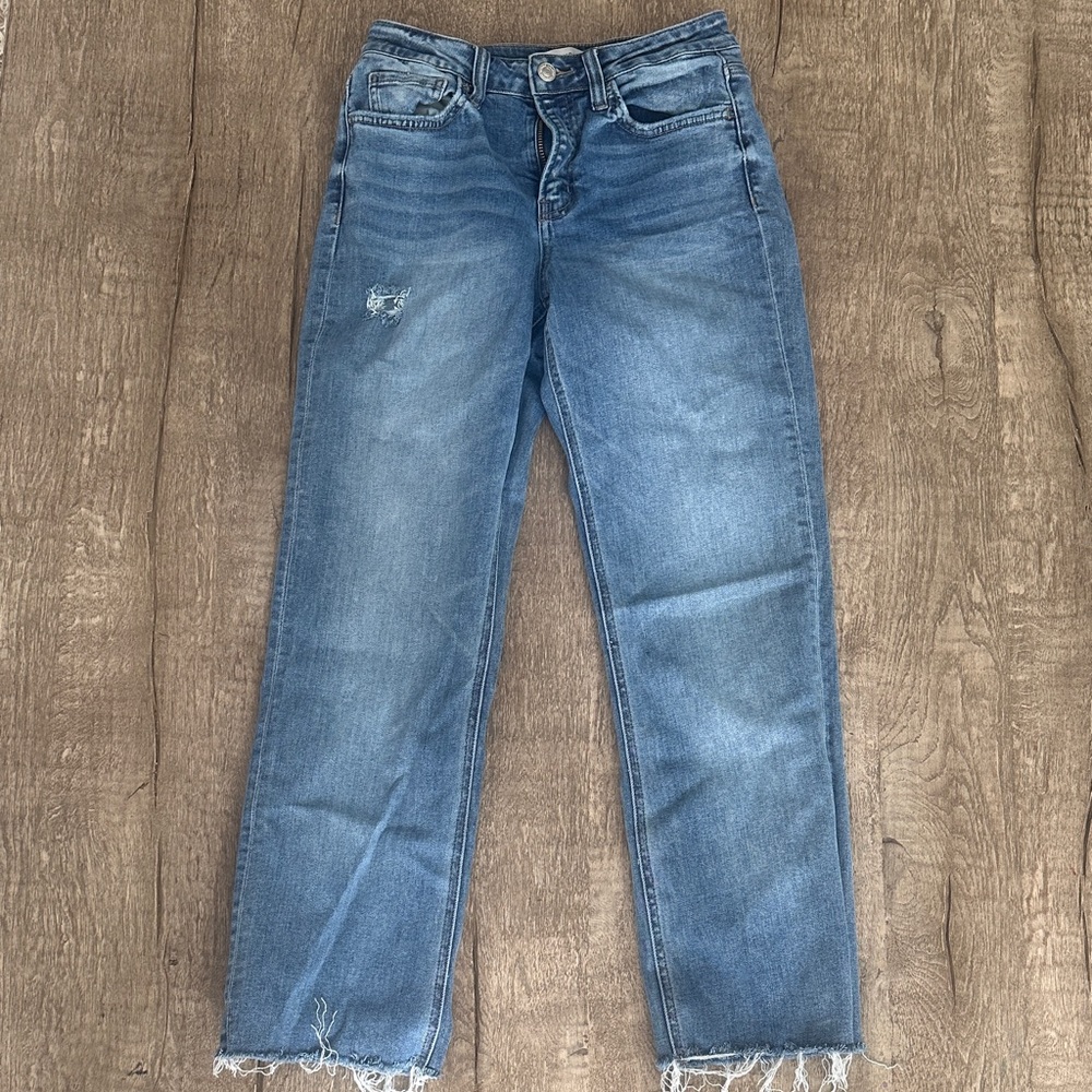 Flying Monkey Washed Blue Straight Leg Jeans with Raw Hem
